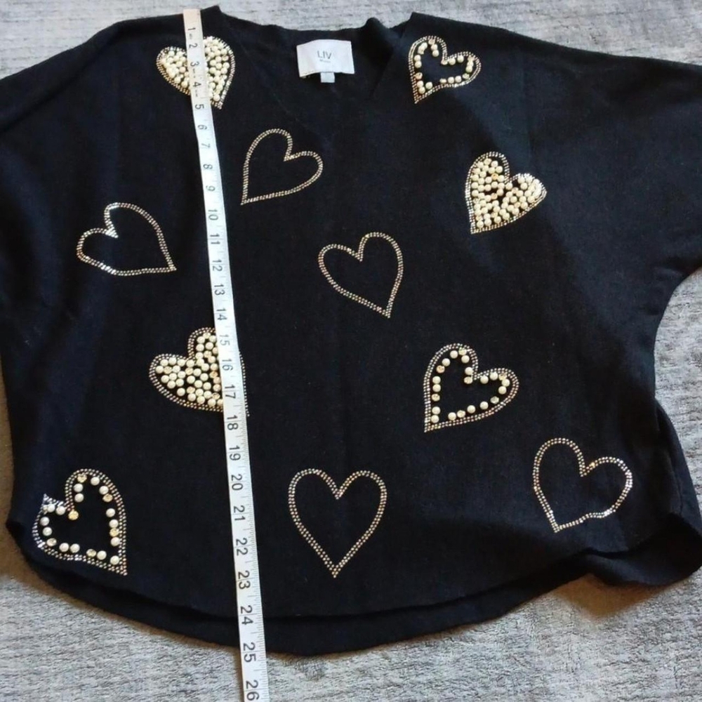Liv Milano Beaded Heart VNeck Long Sleeve Sweater Soft Slouchy Black White Large - Picture 3 of 8